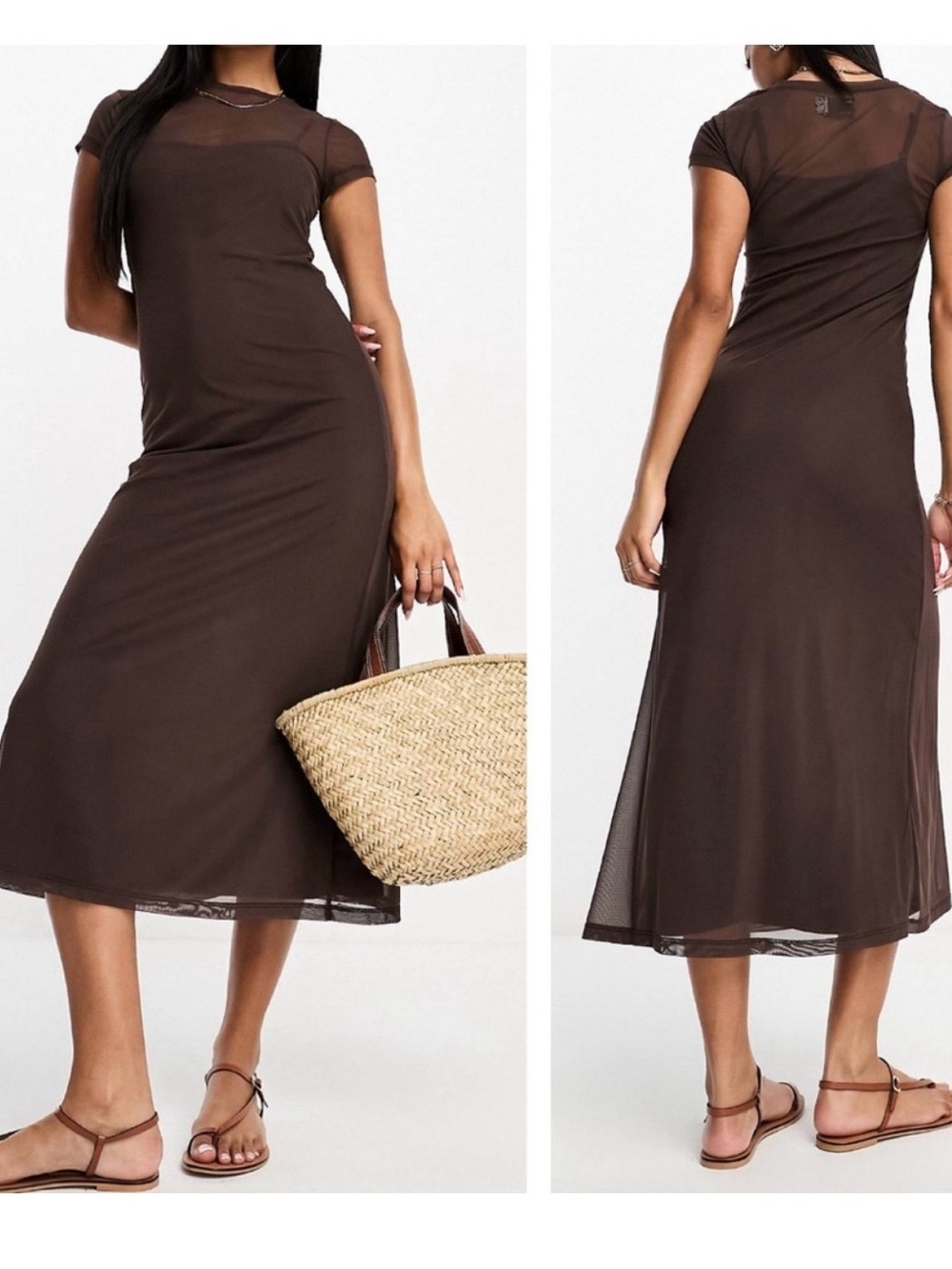 ASOS Brown Mesh-Trim Midi Dress